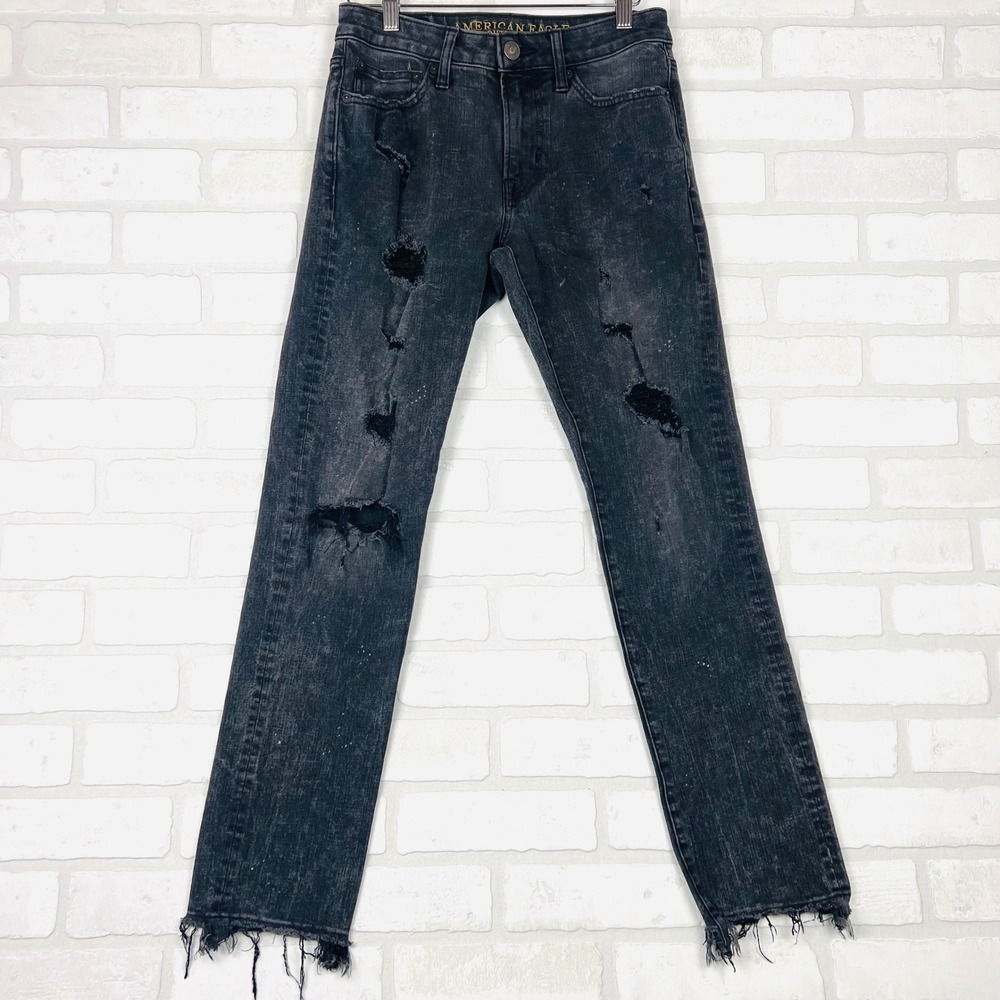 American Eagle Women's Black Wash Distressed Ripped Frayed Hem‎ Jeans 28x30
